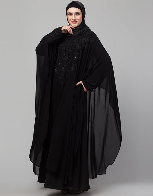 Dubai Black Shine Nida Black Embroidery Abaya Close-up View